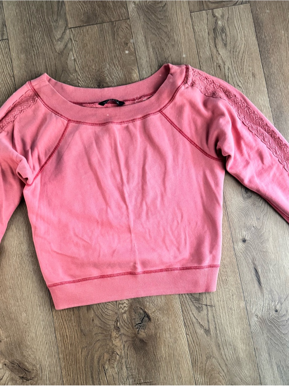 Abercrombie & Fitch Coral Pink Lace-Trim Cropped Sweatshirt off- shoulder
